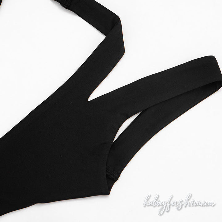 Hollow out v neck halter button solid bodysuit