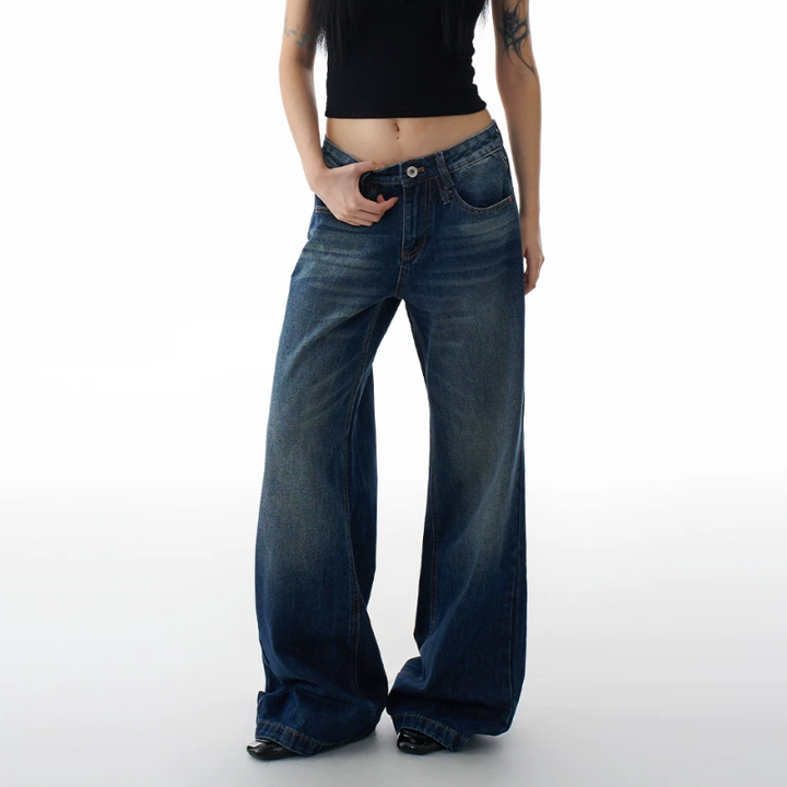 Pocket button zip-up low rise wide leg | Baggy Low Rise Jeans