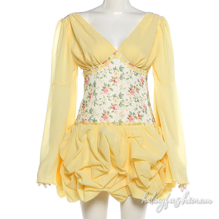 Long flared sleeve v neck flower print ruched mini dress - Halibuy - 3