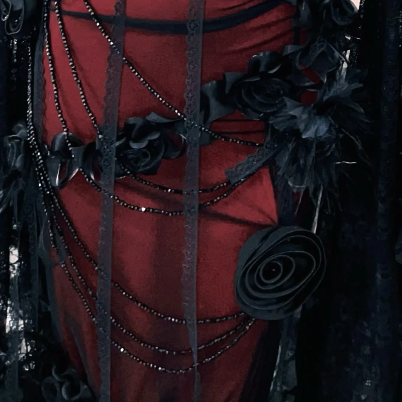 Long flared sleeve lace flower applique beaded maxi dress  | Festival Outfits Women