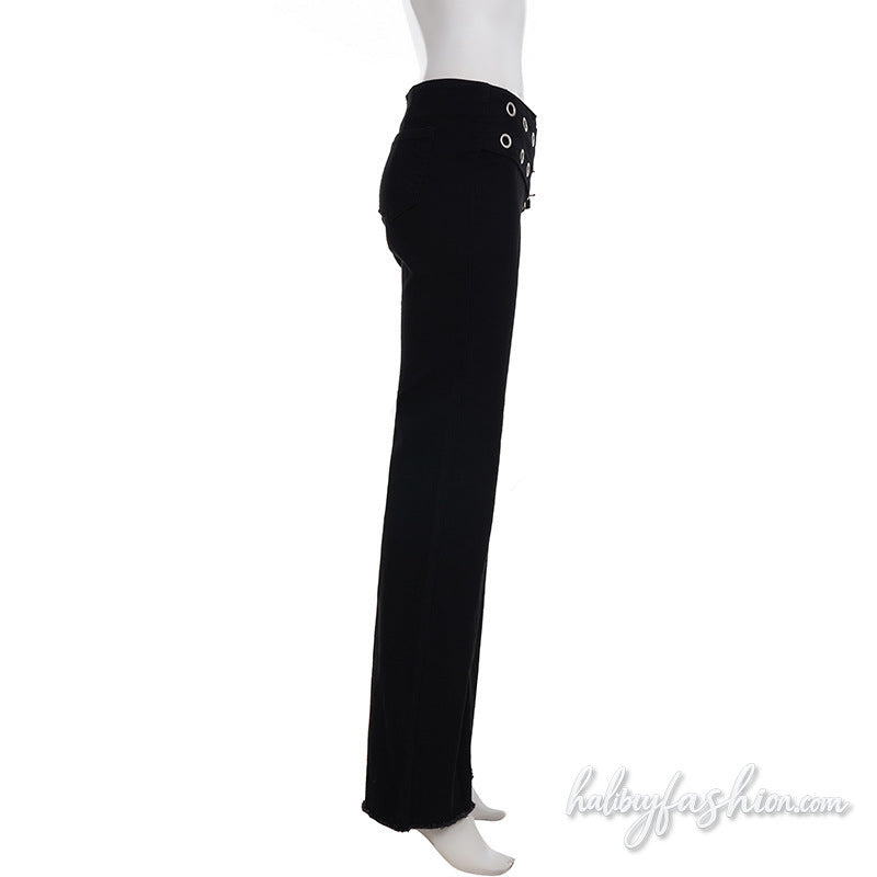 Zip-up buckle irregular low rise wide leg pant