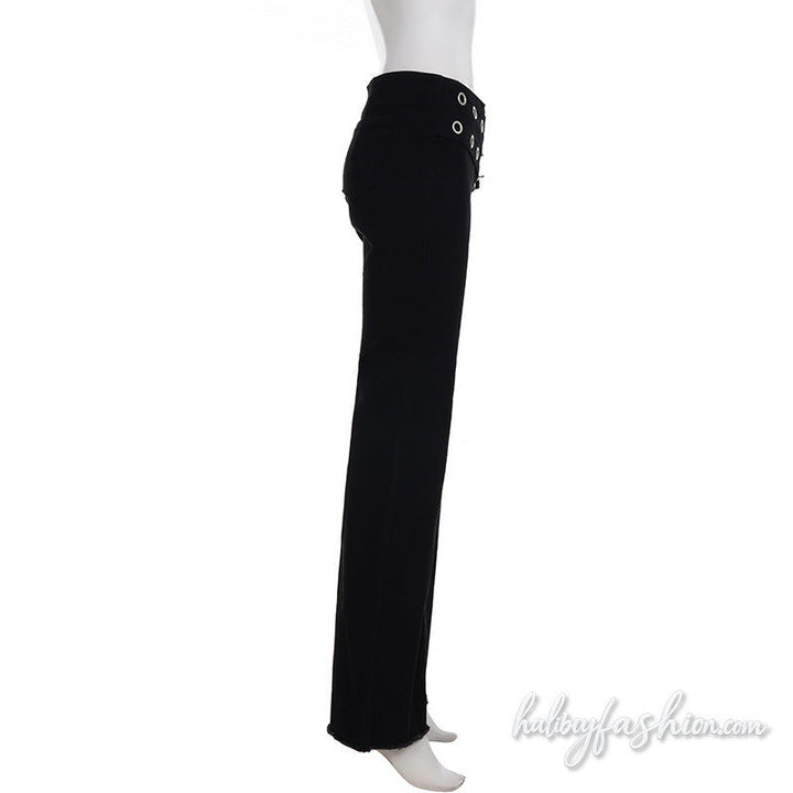Zip-up buckle irregular low rise wide leg pant