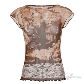 Cap sleeve ruffle crewneck print mesh top