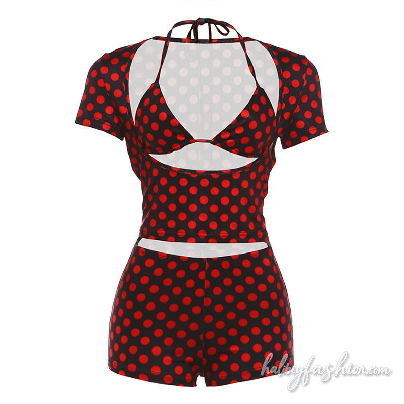 Polka dot short sleeve halter self tie pant set