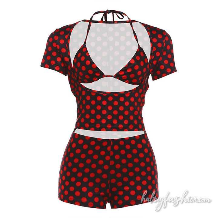 Polka dot short sleeve halter self tie pant set