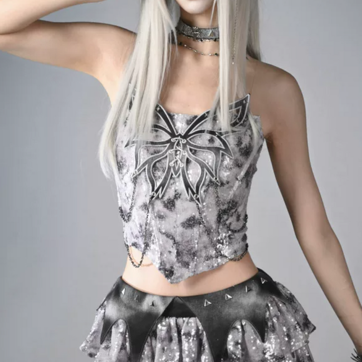 Metal chain butterfly applique glitter tube top