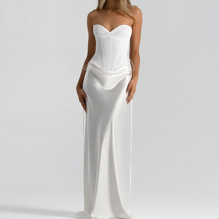 Sweetheart neck pleated satin backless tube maxi skirt set  | Festival Outfits Women