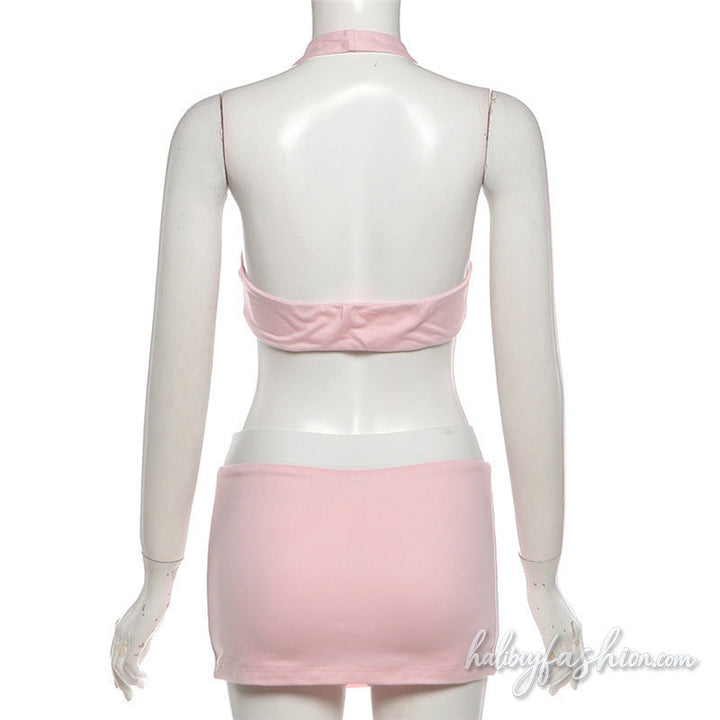 Halter u neck letter pattern backless mini skirt set