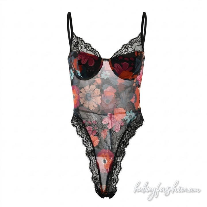 Lace hem v neck flower print mesh cami bodysuit