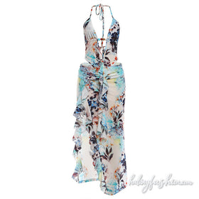 Halter self tie hollow out ruffle slit irregular midi skirt set