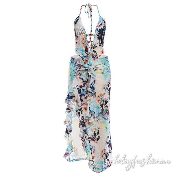 Halter self tie hollow out ruffle slit irregular midi skirt set