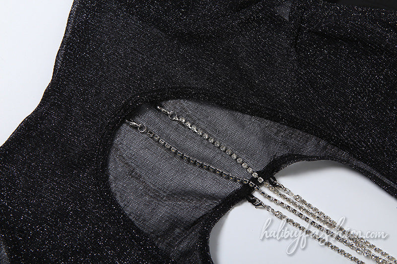 Irregular halter self tie metal chain hollow out bodysuit