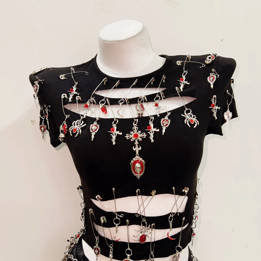 Crewneck short sleeve hollow out metal applique cut out top  | Festival Outfits Women