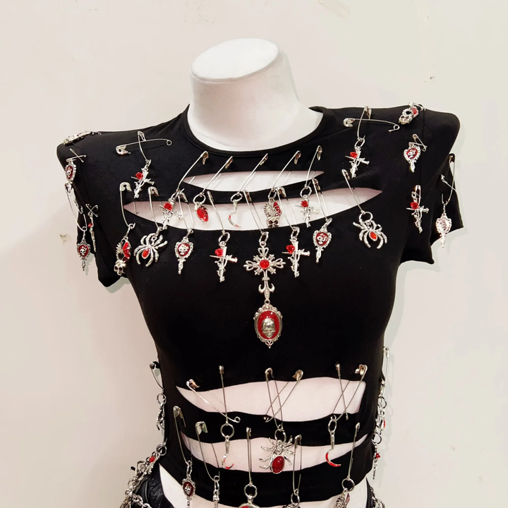 Crewneck short sleeve hollow out metal applique cut out top  | Festival Outfits Women