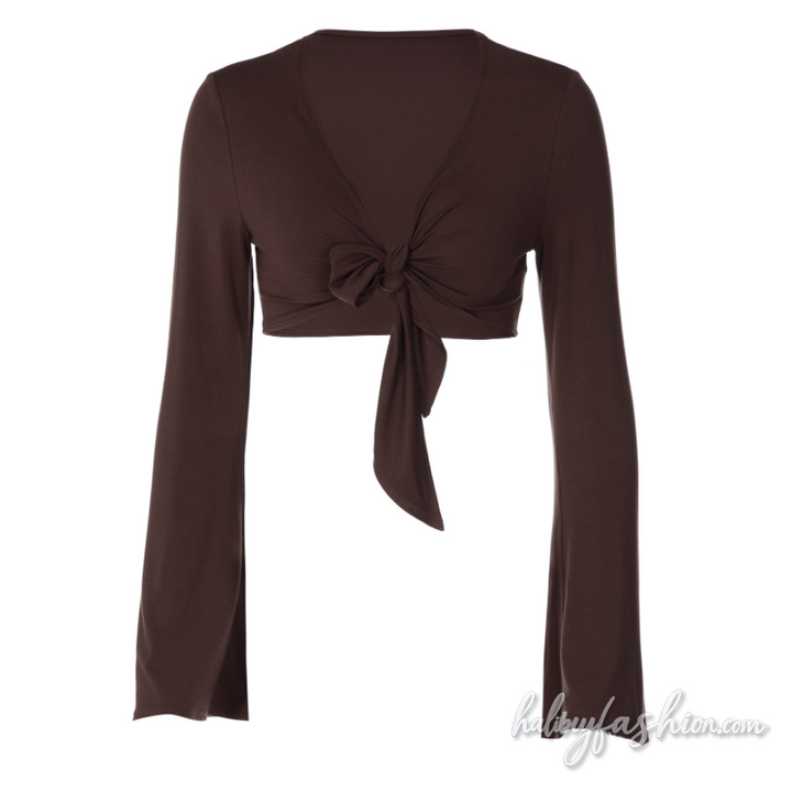 Long sleeve self tie v neck solid crop top