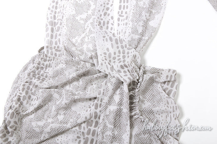 Snakeskin print halter ruched irregular mesh mini dress - Halibuy - 5