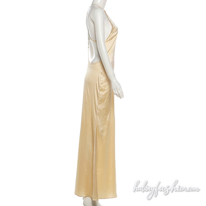 Crewneck backless beaded solid maxi dress