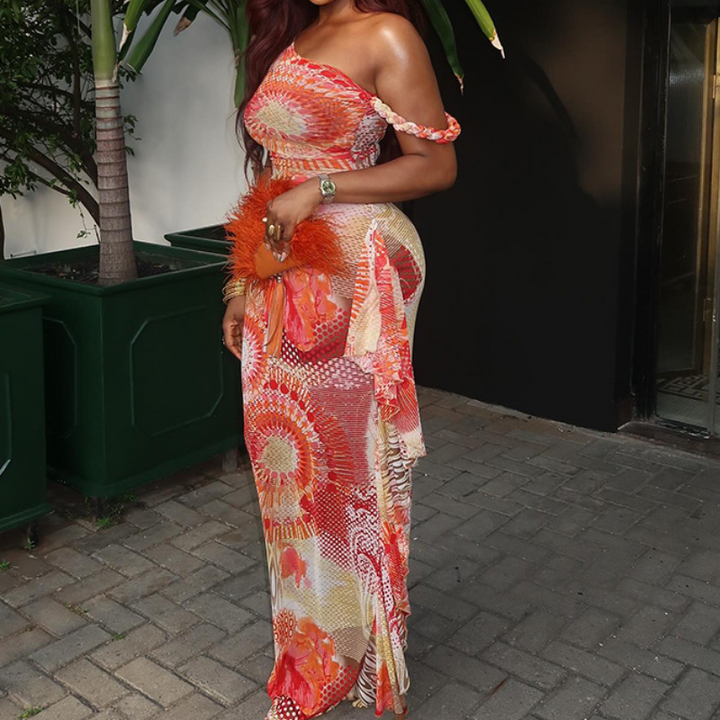 Off shoulder contrast print ruffle maxi dress  | Festival Outfits Women