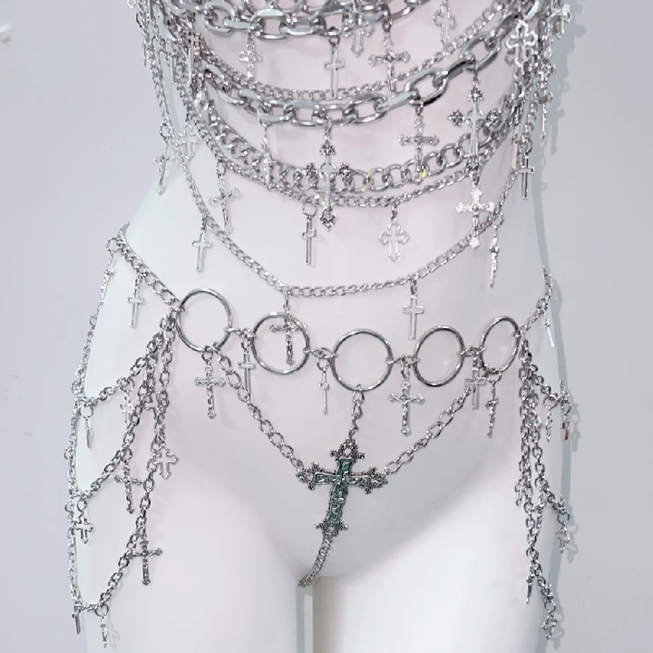Metal chain cross applique hollow out backless waist chain cut out set  | Festival Outfits Women