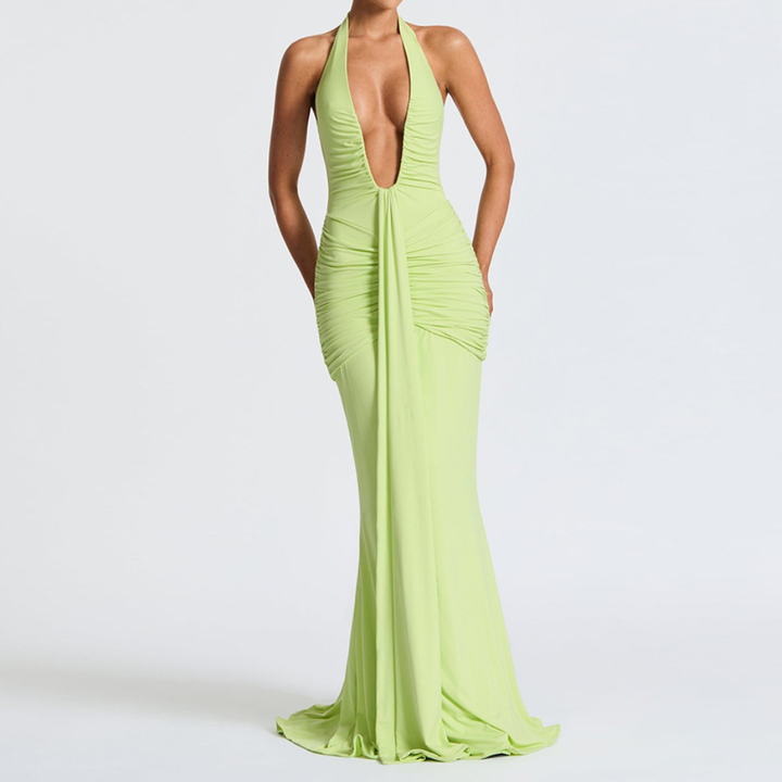 Deep v neck ruched backless maxi dress  | Festival Outfits Women