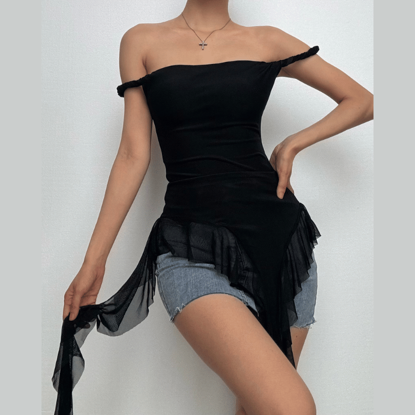 Off shoulder ruffle irregular mesh top  | Festival Outfits Women
