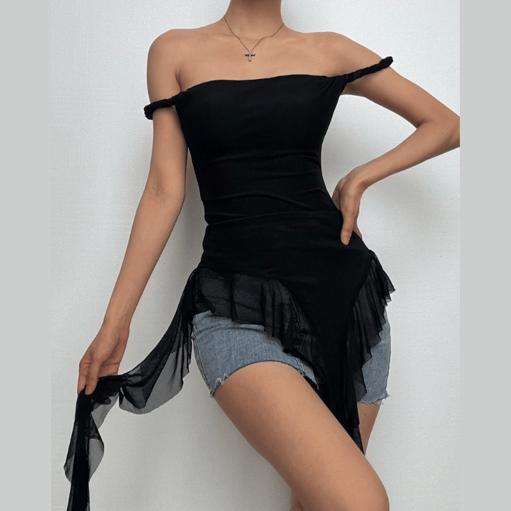 Off shoulder ruffle irregular mesh top  | Festival Outfits Women