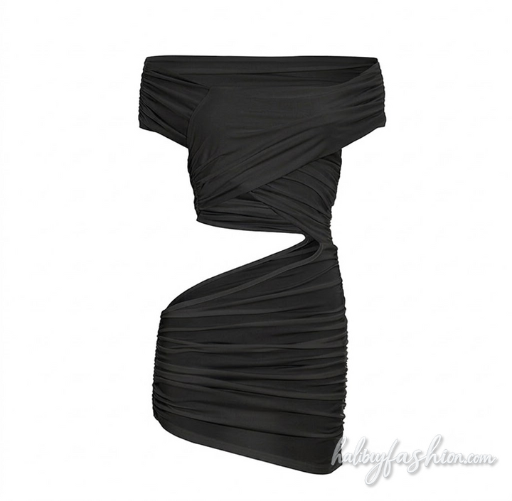 Hollow out irregular off shoulder ruched mini dress - Halibuy - 3