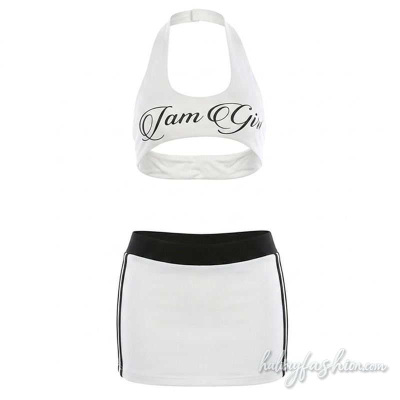 Halter u neck letter pattern backless mini skirt set