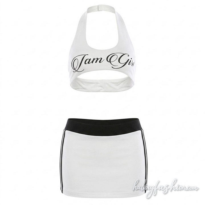 Halter u neck letter pattern backless mini skirt set