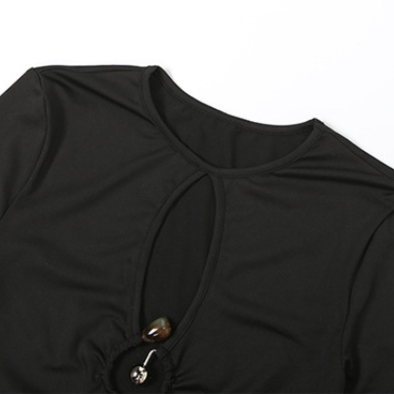 Long sleeve hollow out ruched crewneck cut out top  | Festival Outfits Women-final-sale