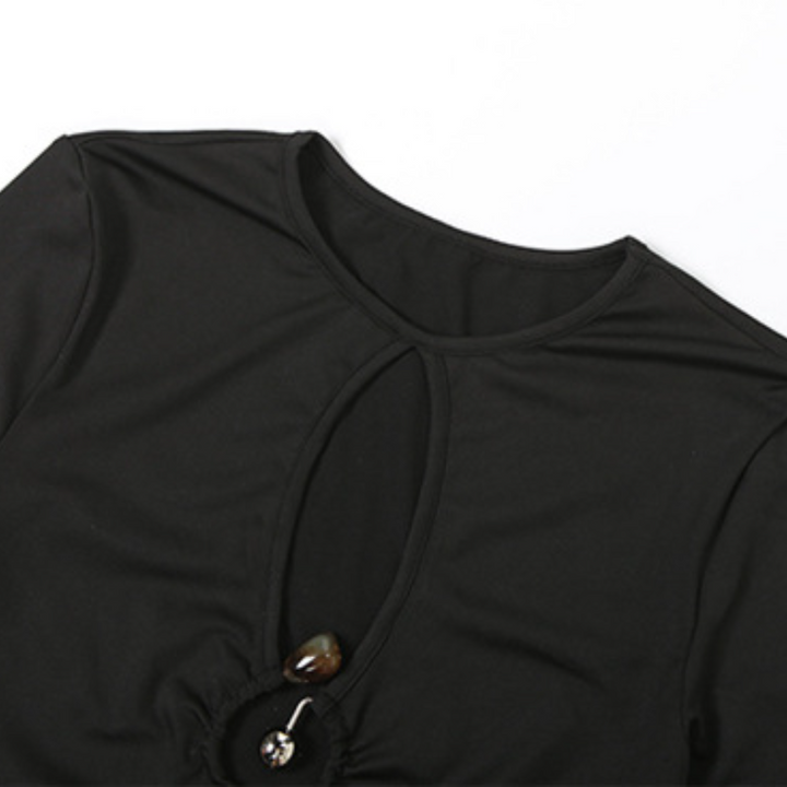 Long sleeve hollow out ruched crewneck cut out top  | Festival Outfits Women-final-sale