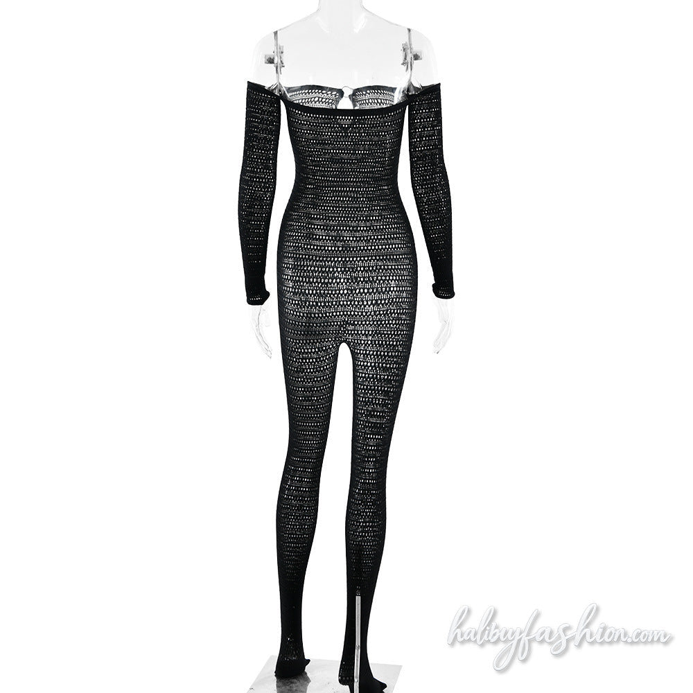 Off shoulder long sleeve hollow out o ring jumpsuit