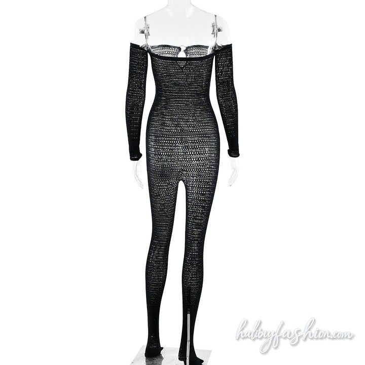 Off shoulder long sleeve hollow out o ring jumpsuit