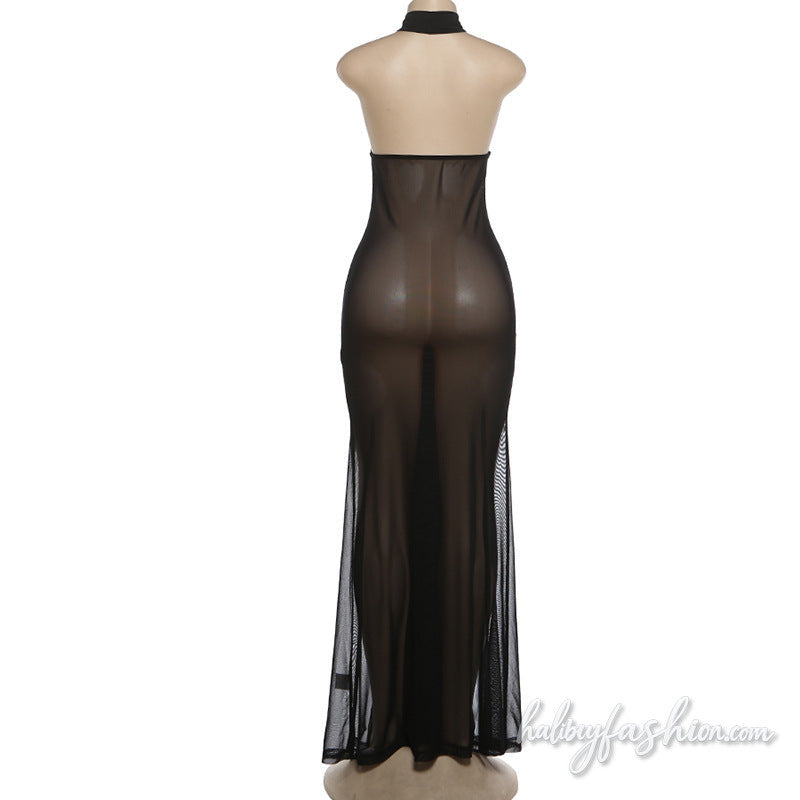 Halter ruched mesh solid see through maxi dress