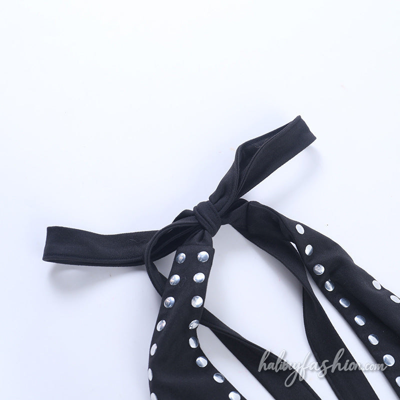 Halter self tie hollow out ruched mini dress