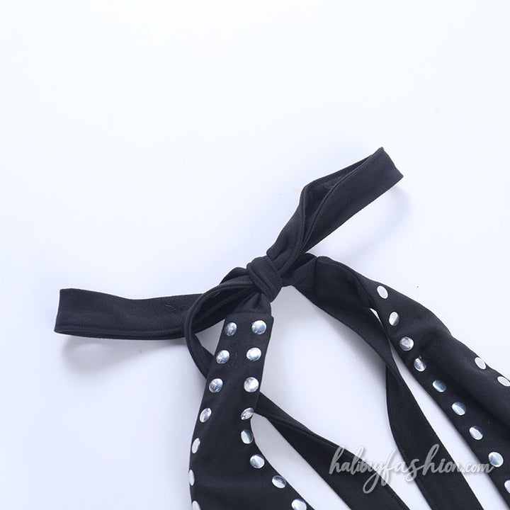 Halter self tie hollow out ruched mini dress