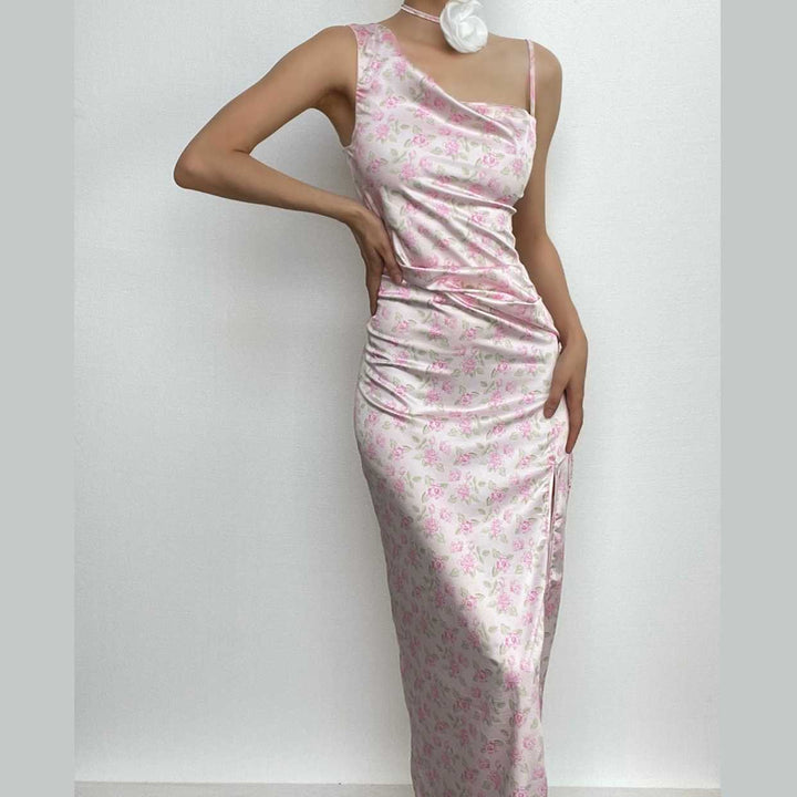 Contrast irregular slit sleeveless flower print cowl neck midi dress-final-sale  | Festival Outfits Women