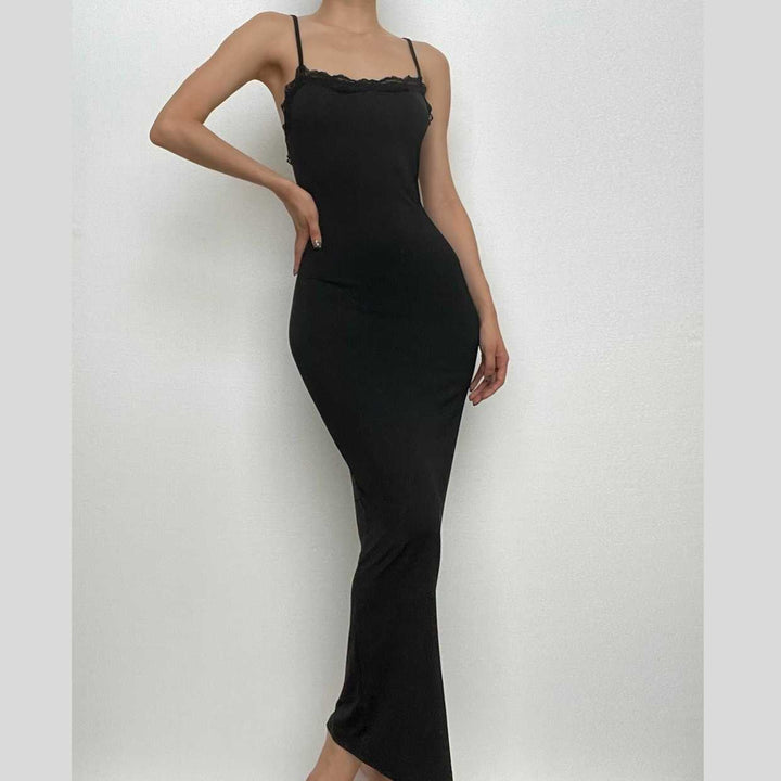Lace hem square neck solid backless cami maxi dress- Final Sale