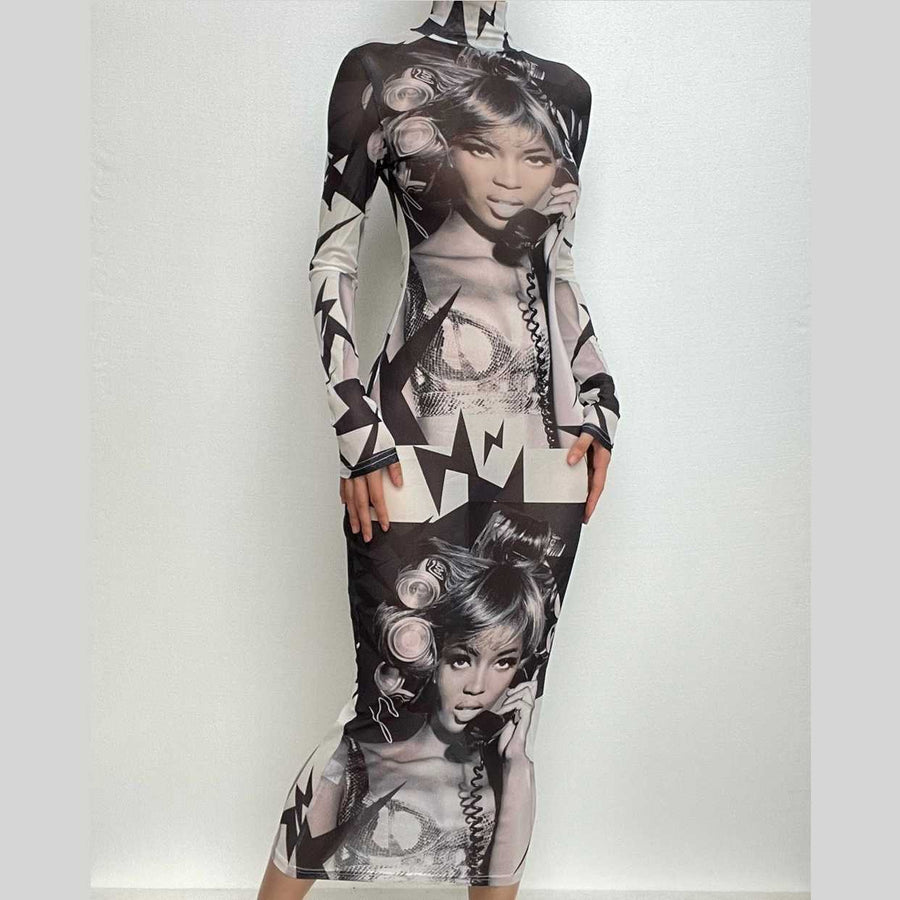 Abstract print sheer mesh see through high neck long sleeve maxi dress