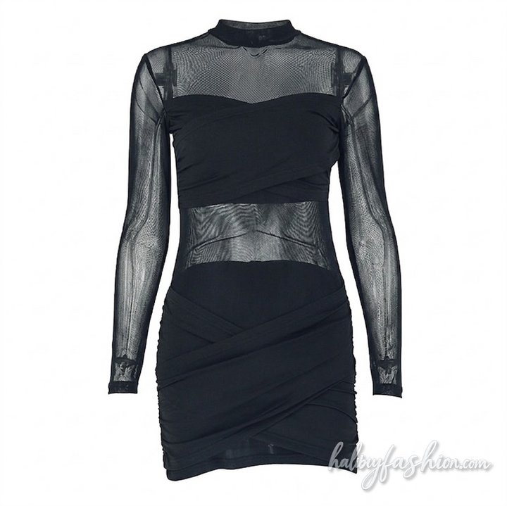 Long sleeve crewneck ruched mesh solid mini dress - Halibuy - 2