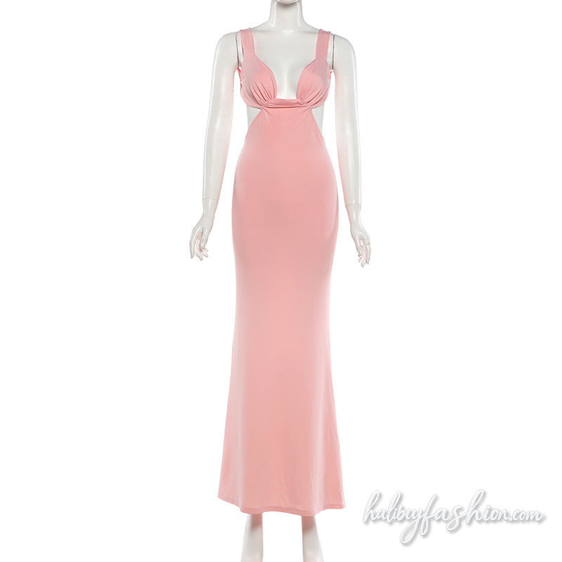 Ruched bowknot solid backless cami maxi dress