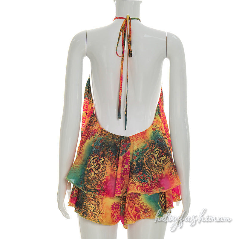 Halter self tie print ruffle backless pant set