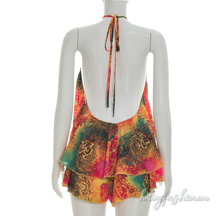 Halter self tie print ruffle backless pant set