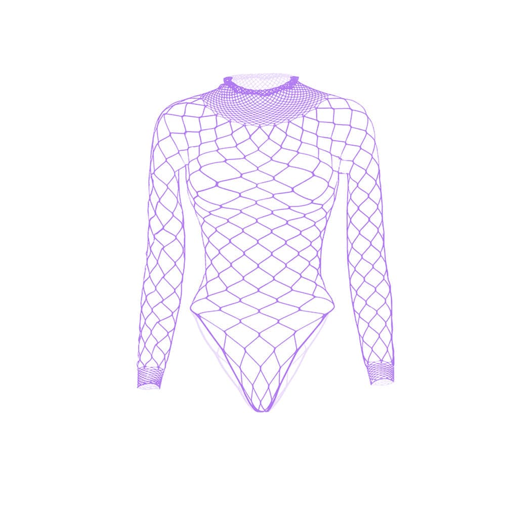 Long sleeve high neck fishnet diamond pattern bodysuit  | Festival Outfits Women