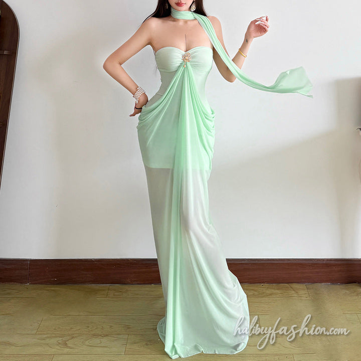 Ruched mesh sweetheart neck solid maxi dress
