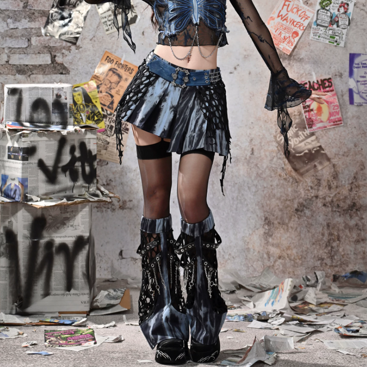 Pleated irregular A line denim metal chain mini skirt