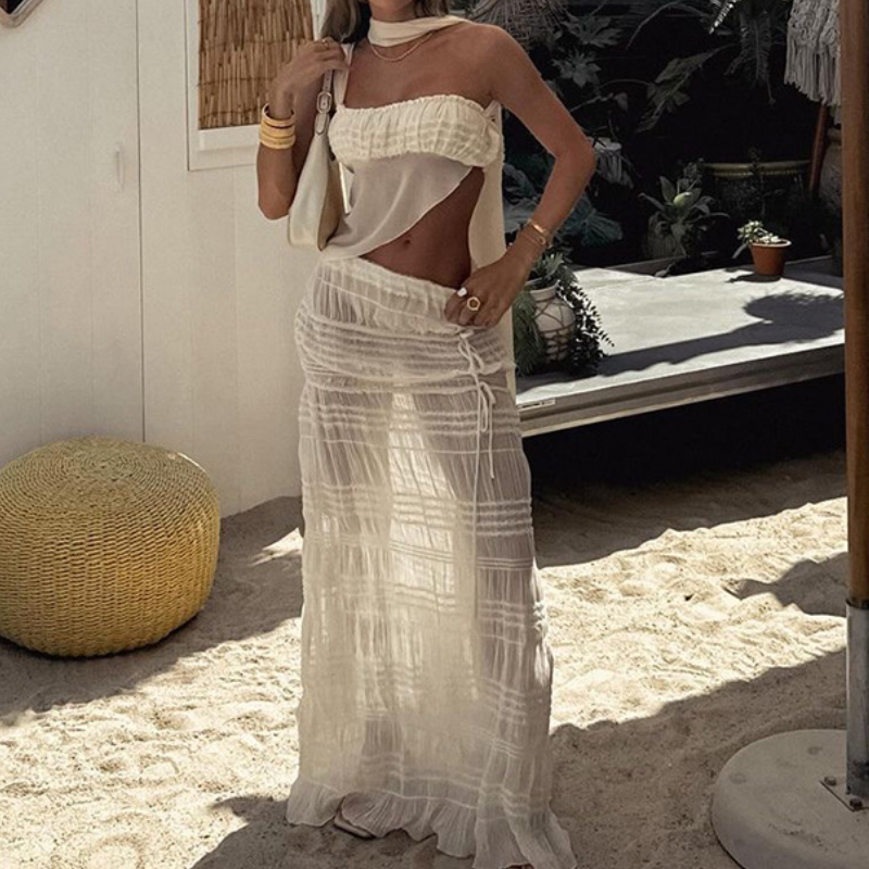 One shoulder mesh maxi skirt set  | Festival Outfits Women