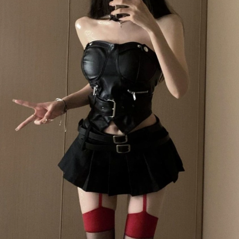 Zip-up PU leather pleated A line tube mini skirt set Cargo Mini Skirt  | Festival Outfits Women-final-sale