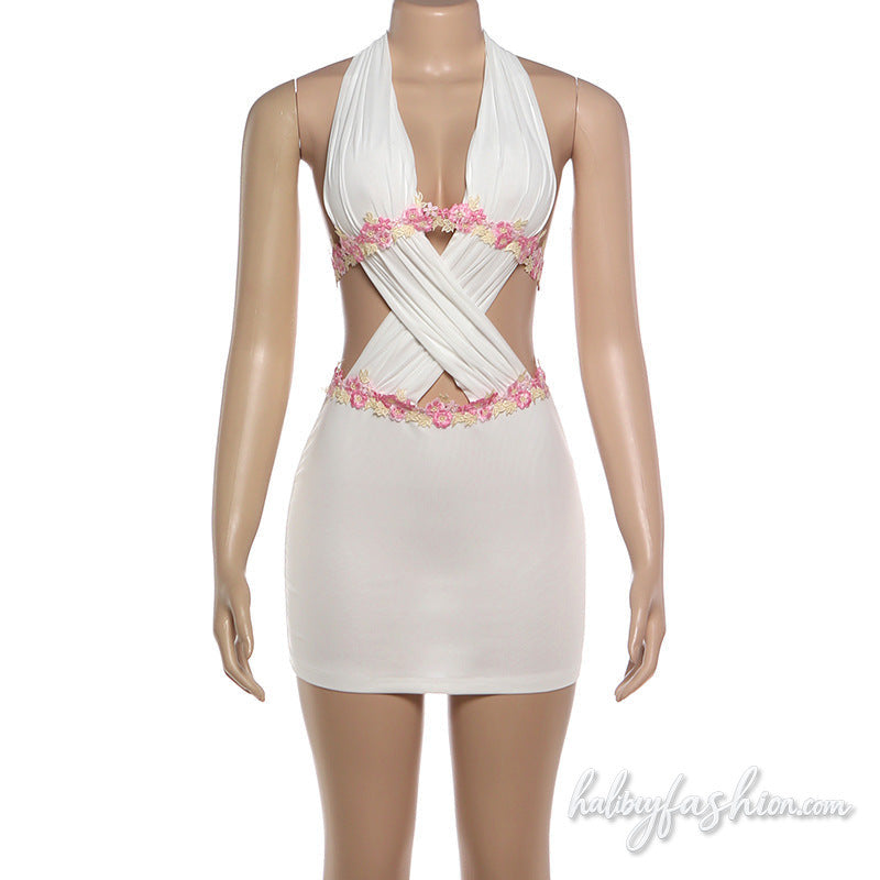 Halter self tie ruched hollow out mini dress