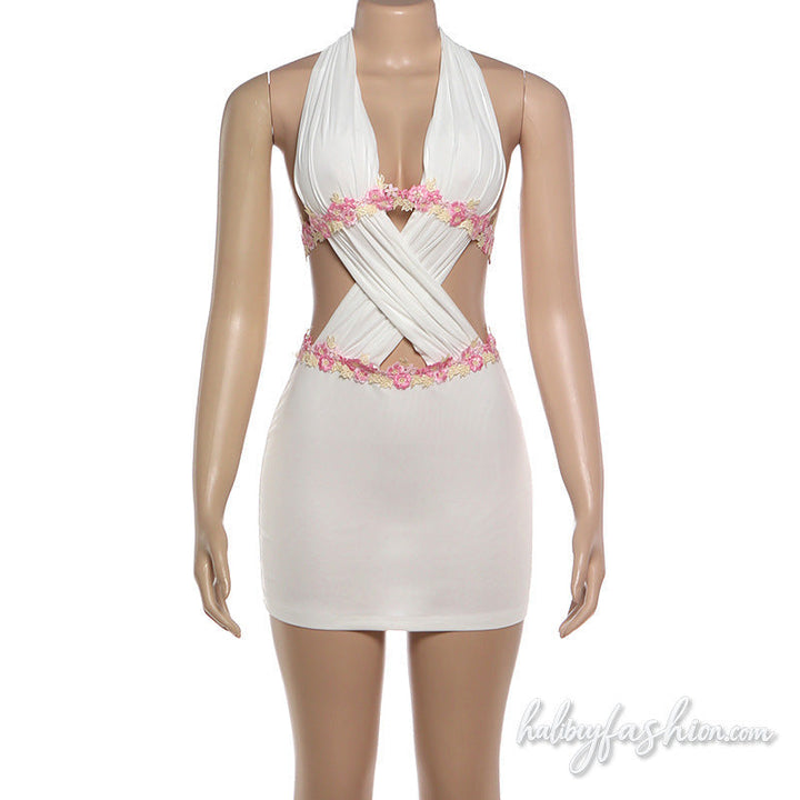 Halter self tie ruched hollow out mini dress